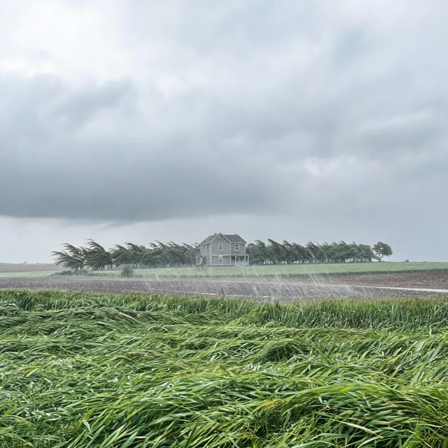 A two-story gray farmhouse behind a row of wind-bent trees on flat farmland, with dark storm clouds overhead, rain streaks, and a foreground field of green crops flattened by wind.