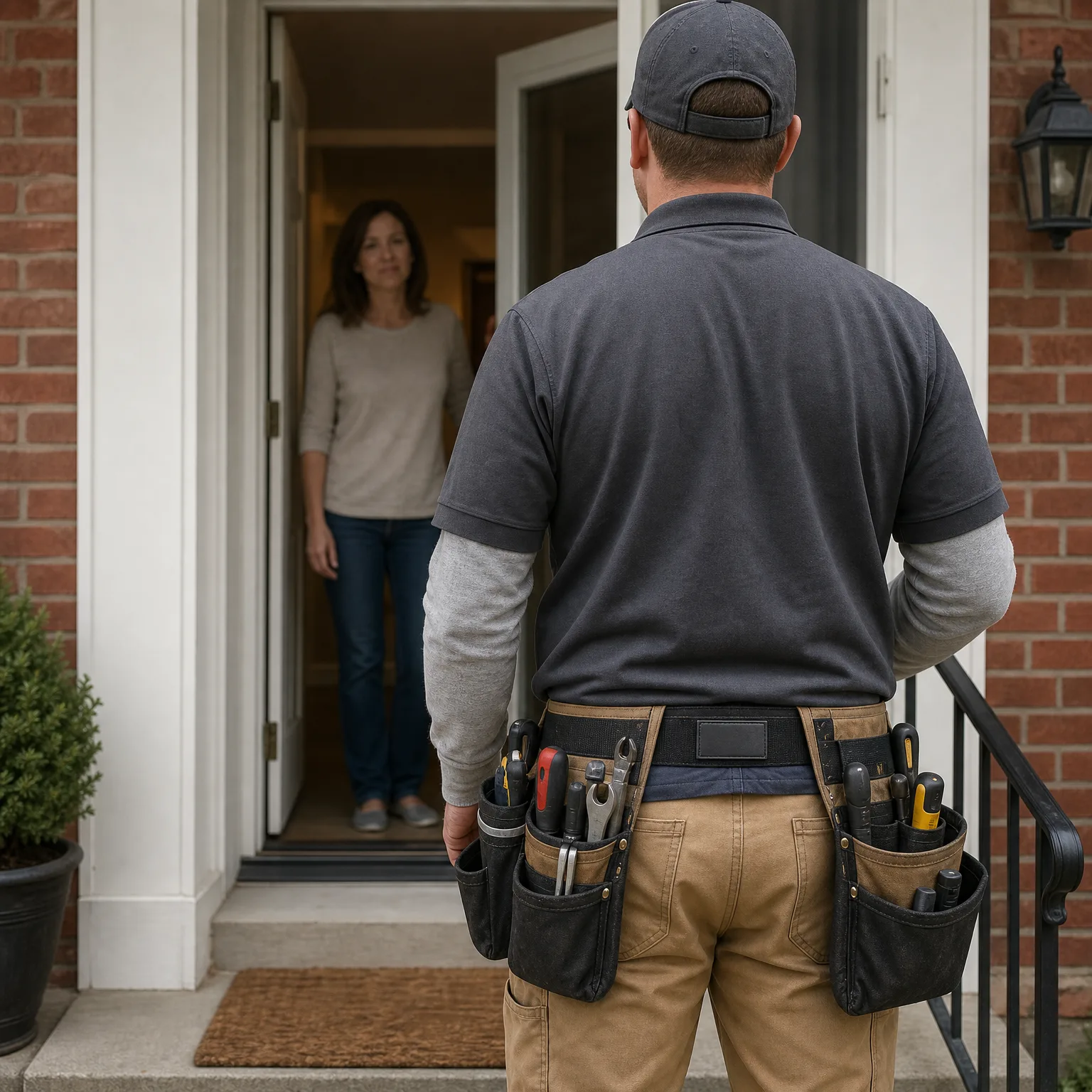 A man seen from behind, wearing a cap, gray polo shirt and a tool belt with screwdrivers and pliers, stands at an open front door of a brick house where a woman in a beige top and jeans stands inside.
