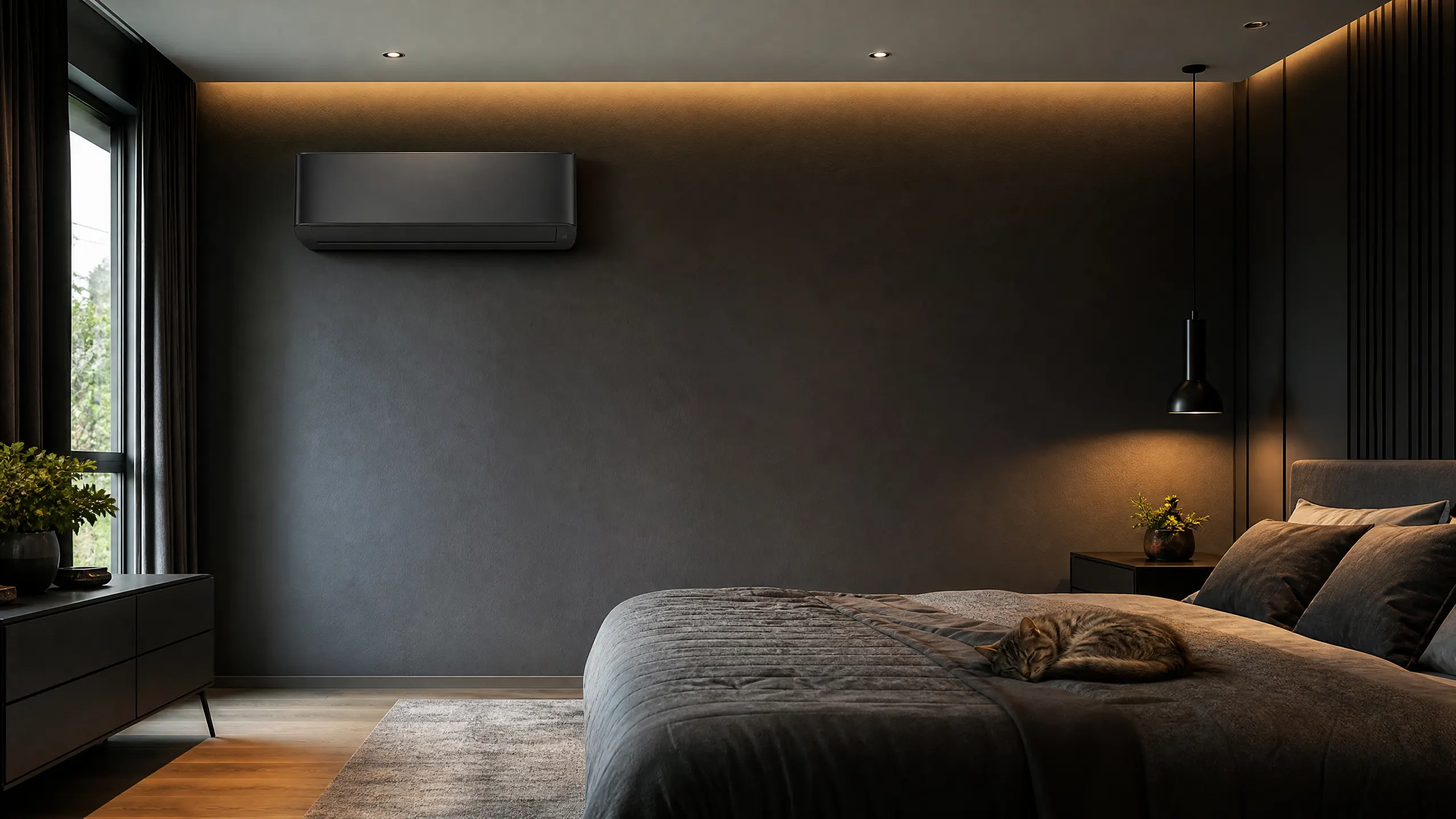 A dark, minimalist bedroom featuring a sleeping cat on a grey-quilted bed, a wall-mounted air-conditioning unit, warm cove ceiling lighting, and a pendant lamp illuminating the bedside table.