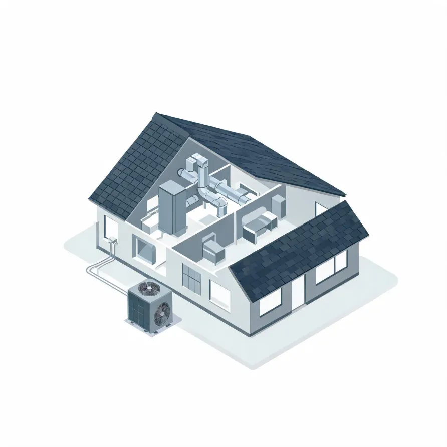 Isometric illustration of a cutaway single-family house showing interior ductwork and an air handler, with an outdoor condenser unit connected by lines along the exterior wall.