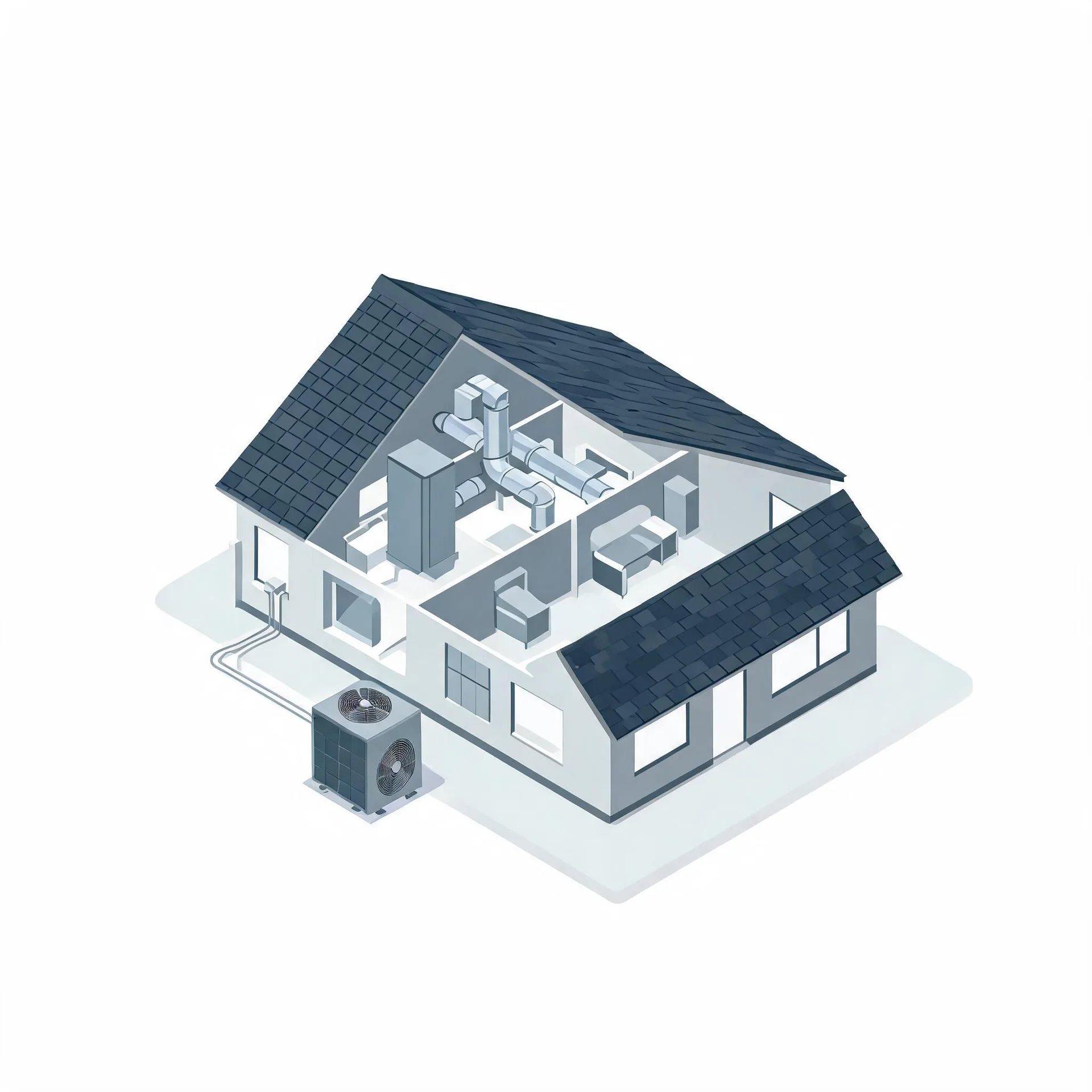 Isometric illustration of a cutaway single-family house showing interior ductwork and an air handler, with an outdoor condenser unit connected by lines along the exterior wall.