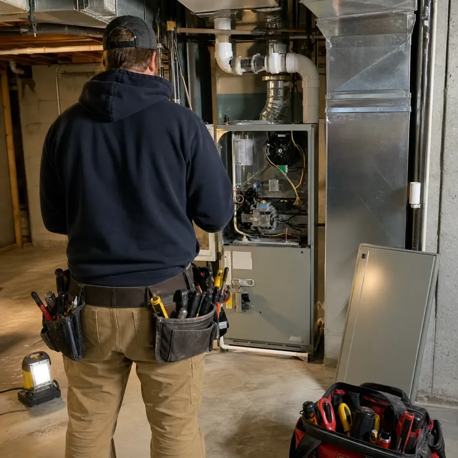 A person in a dark hooded sweatshirt, cap, and tool belt stands with their back to the camera facing an open furnace with exposed components and ductwork in a basement, with a work light, tool bag, and removed access panel nearby.