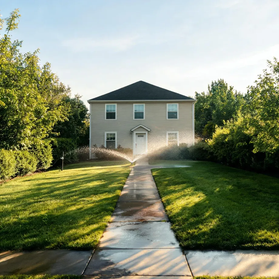 A two-story house with light siding and a dark hipped roof behind a green lawn, with a sprinkler spraying water near a concrete walkway leading to the front door.