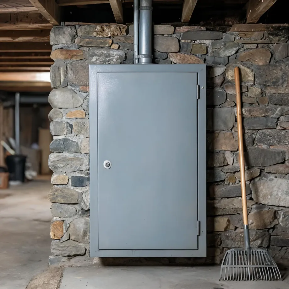 A gray metal cabinet with a keyed lock mounted against a dry-stone wall in a basement, with a metal flue pipe rising behind it, wooden beams overhead, and a leaf rake leaning to the right.
