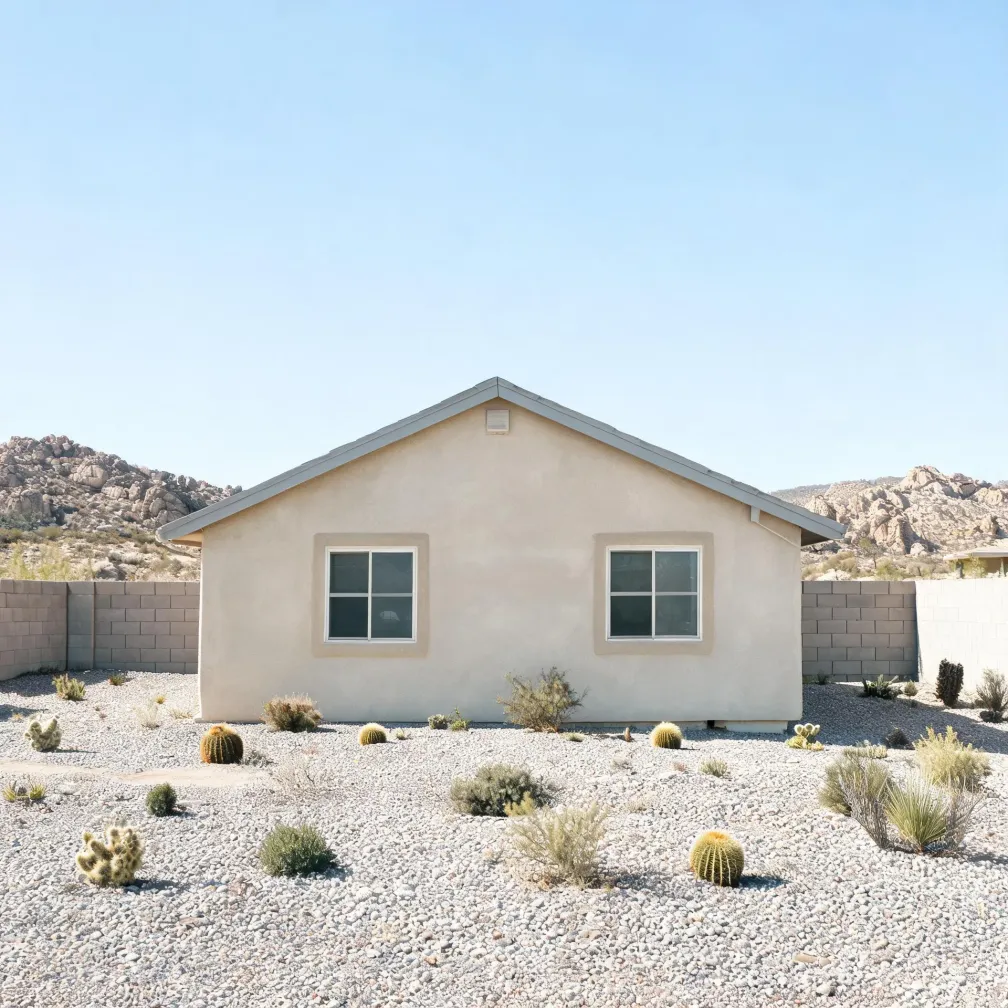 A single-story beige stucco house with a gabled roof and two white-framed windows, set behind a gravel yard with barrel cacti and desert shrubs, with a concrete block wall and rocky hills behind it.