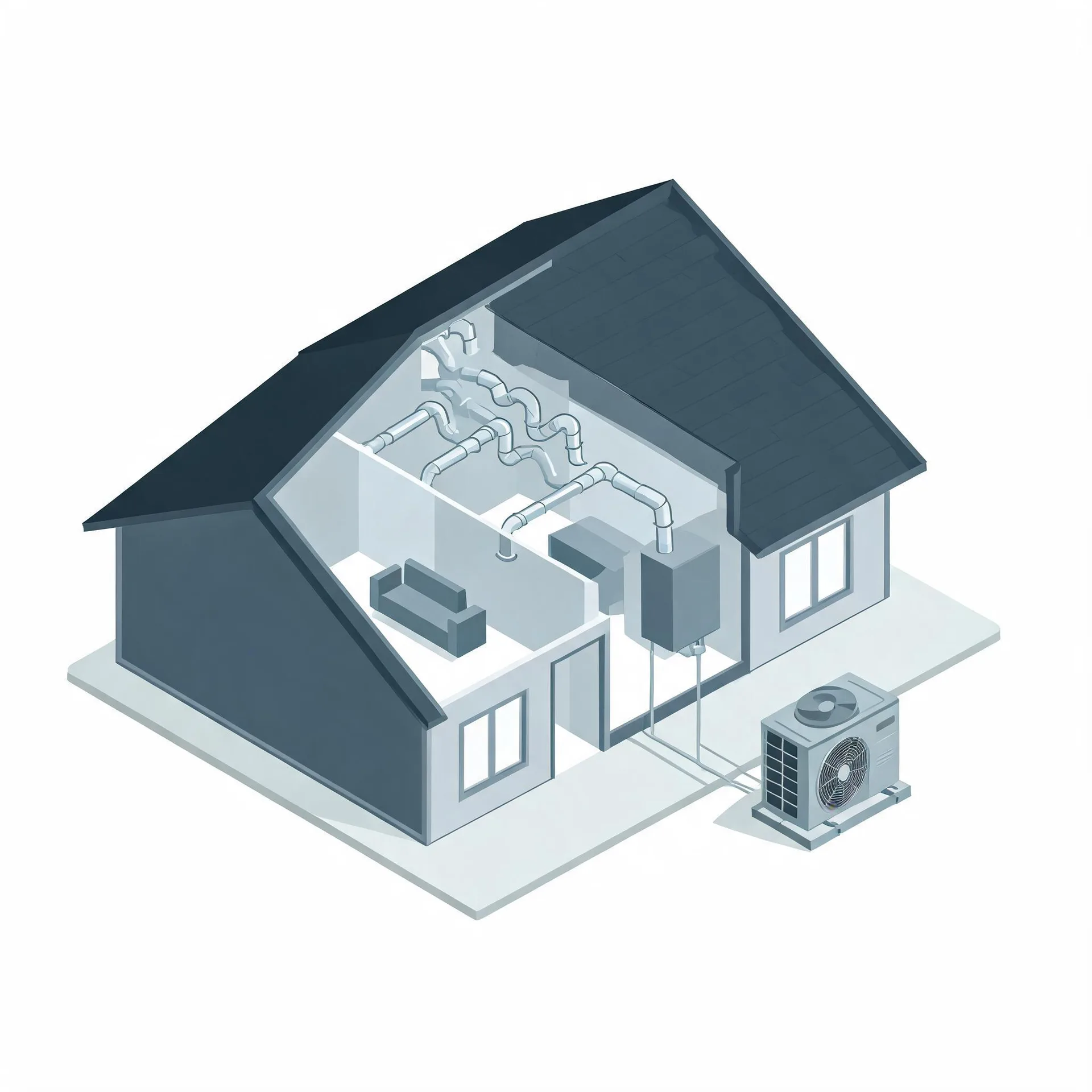 Isometric cutaway illustration of a house showing interior ductwork, an indoor air handler unit, and an outdoor condenser unit beside the building.