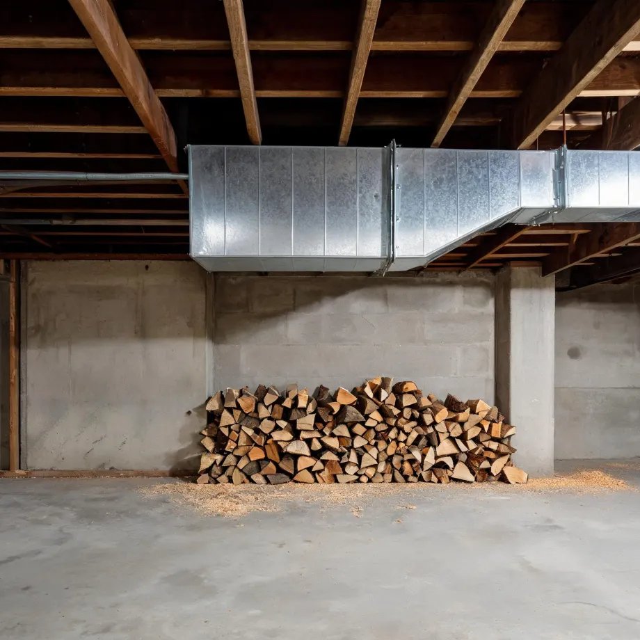 An unfinished basement with exposed wood joists, a galvanized sheet-metal duct running along the ceiling, concrete block and poured walls, and a stack of split firewood on the concrete floor with scattered wood debris.