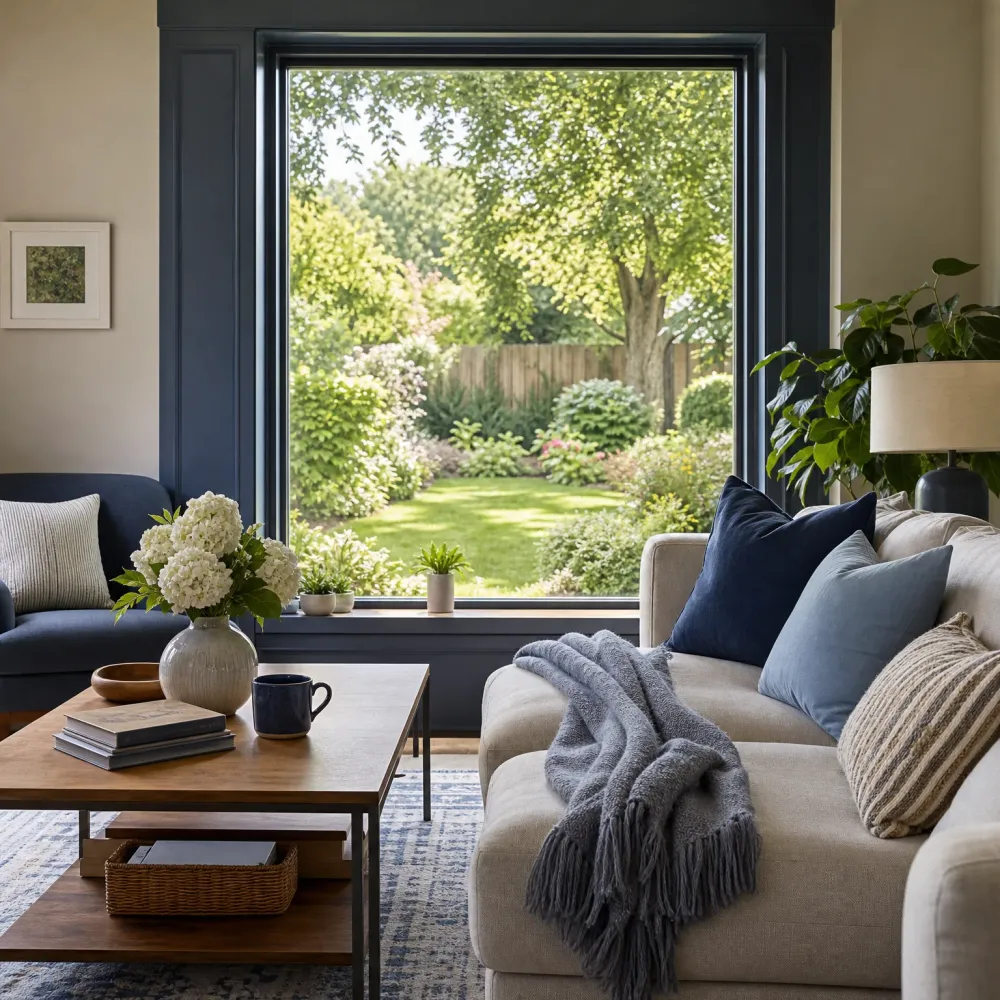 A living room with a beige sofa holding navy, blue and striped cushions and a grey fringed throw, a wooden coffee table with books and a mug, a vase of white flowers, and a large dark-framed window looking onto a green garden with trees and a wooden fence.
