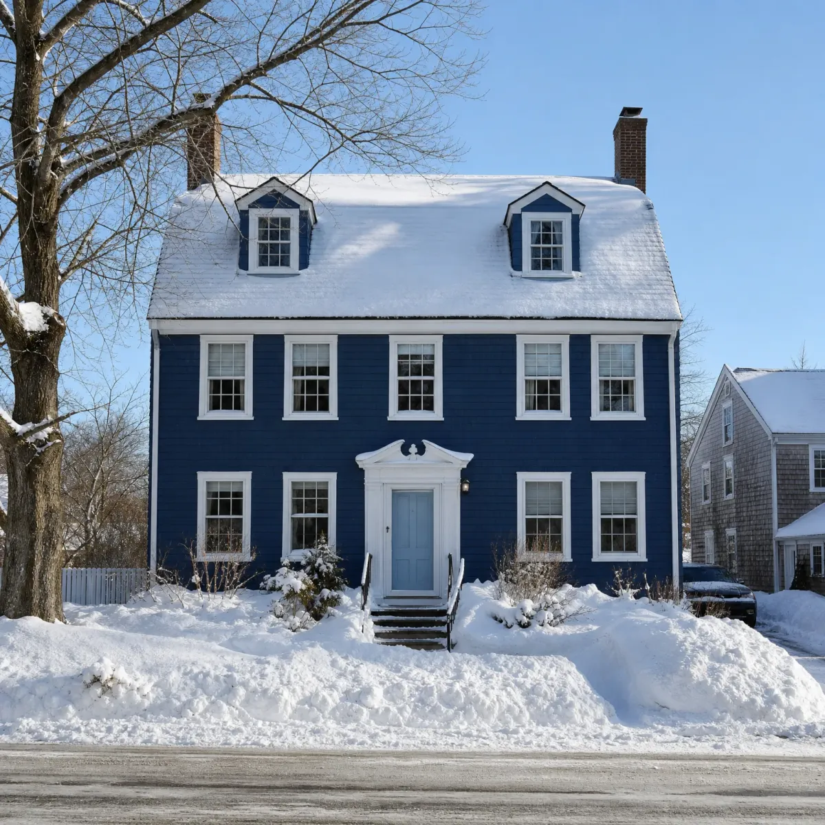 A two-story dark blue shingled house with white trim, two dormer windows and brick chimneys, surrounded by deep snow banks under a clear sky, with a bare tree at left and a gray-shingled neighboring house at right.