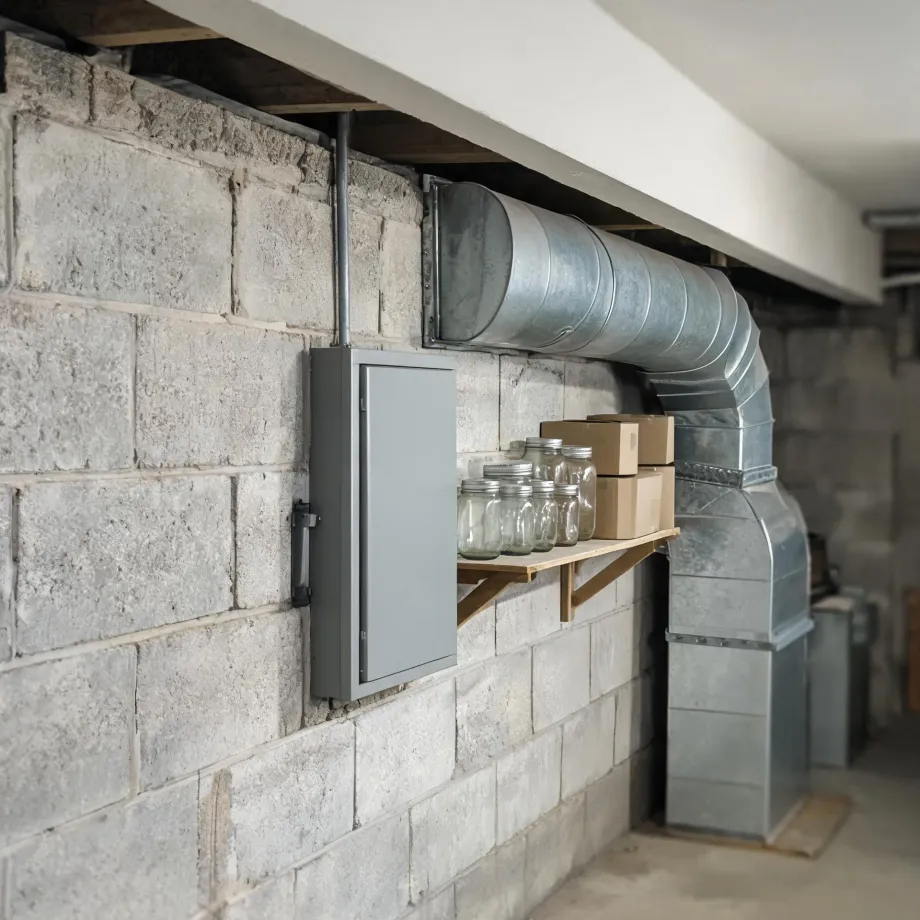 Basement interior with concrete block walls, a gray metal electrical panel box, galvanized sheet metal ductwork running along the ceiling and down to the floor, and a wooden shelf holding glass canning jars and cardboard boxes.
