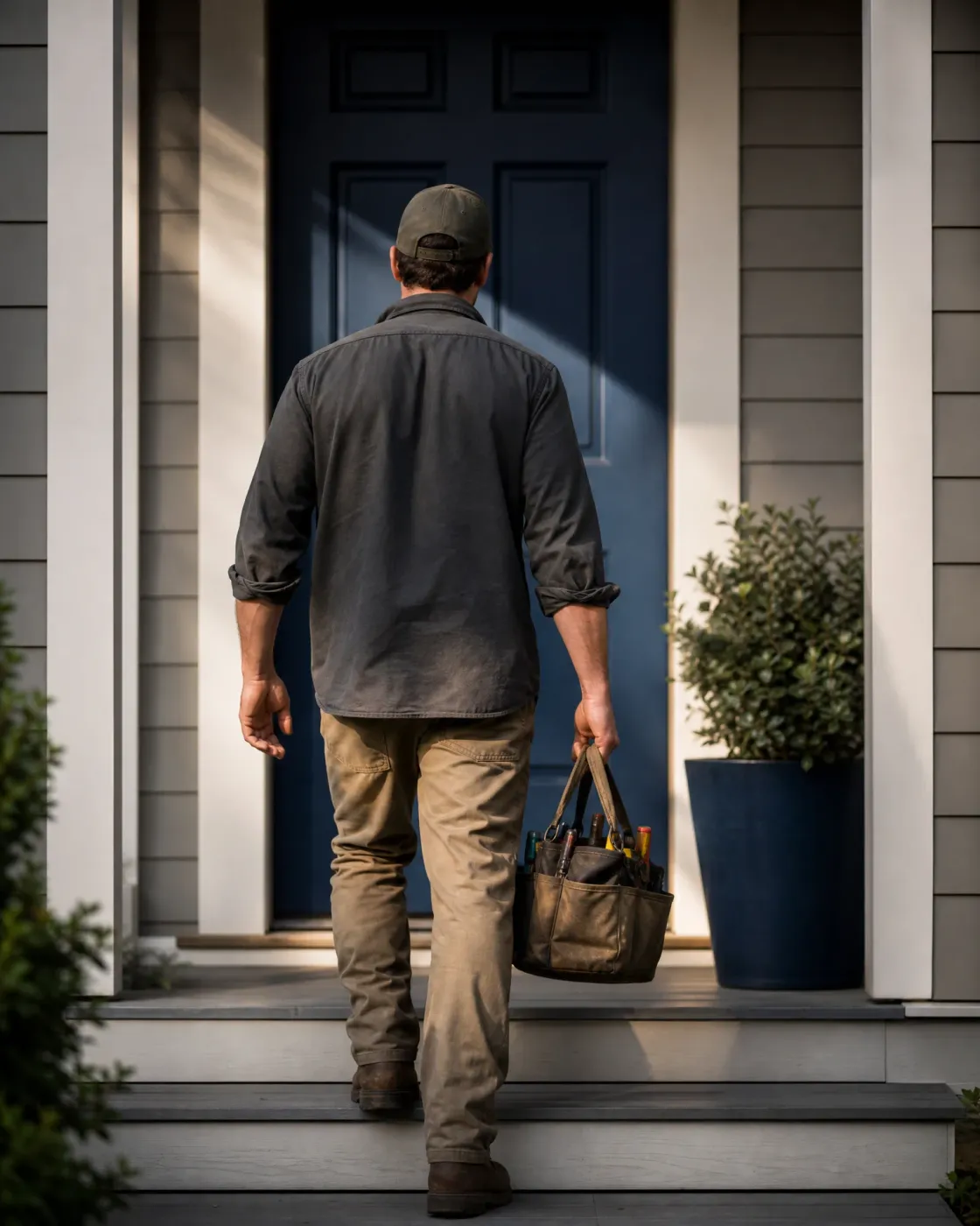 A man in a cap, dark shirt and tan work pants walks up porch steps toward a navy blue front door, carrying a canvas tool bag beside a potted shrub.