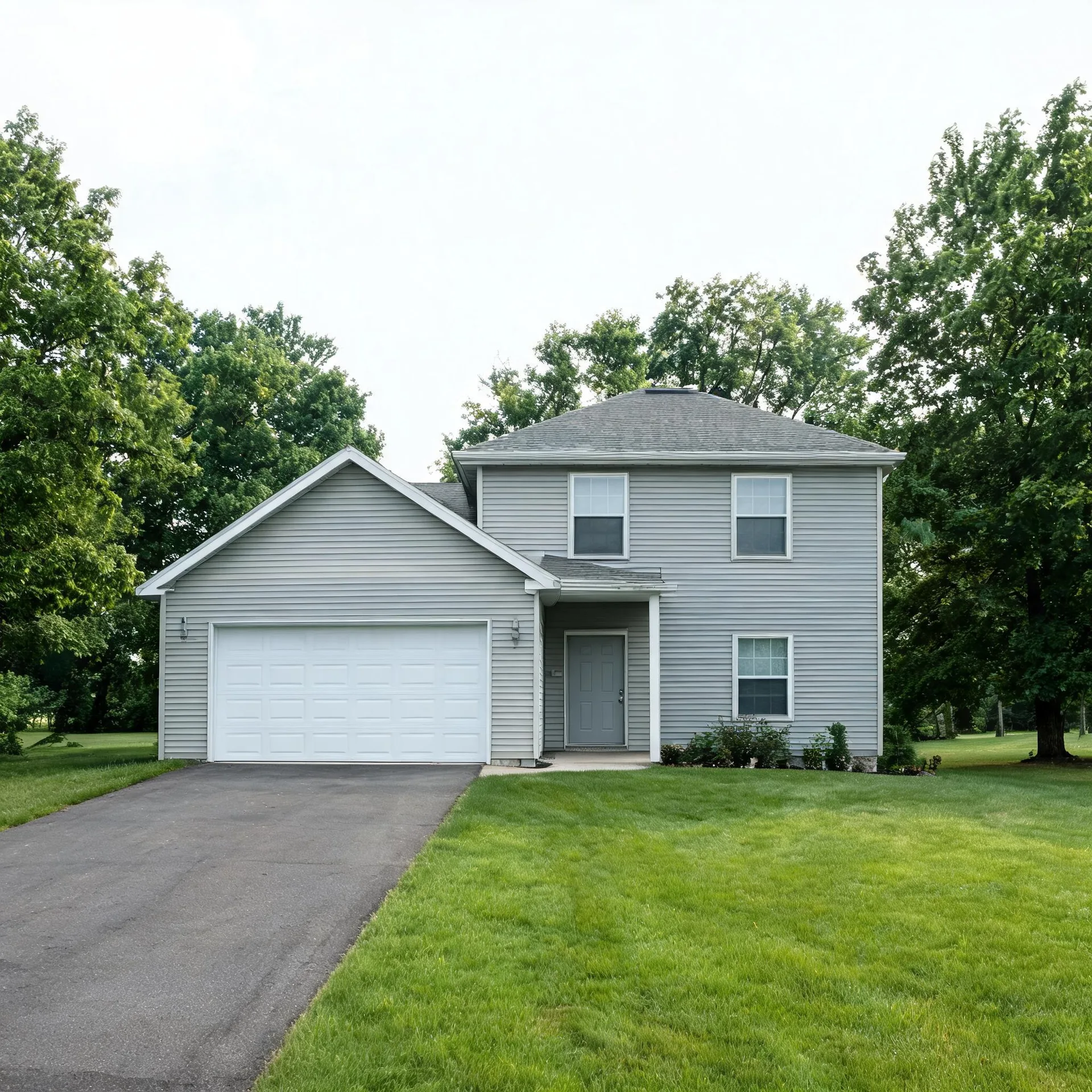 Two-story gray vinyl-sided house with an attached two-car garage, white garage door, and asphalt driveway, surrounded by mown lawn and deciduous trees under an overcast sky.