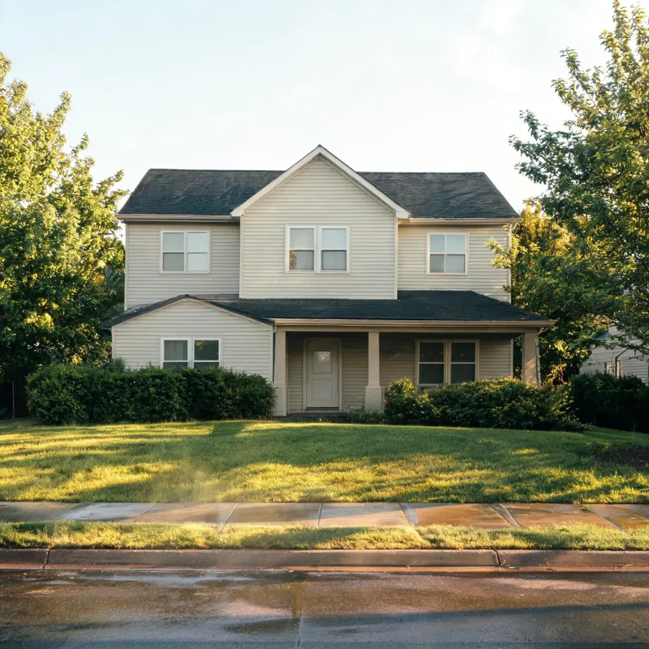 A two-story house with light beige vinyl siding, dark shingled roof, covered front porch, trimmed hedges and a green lawn, seen from the street with a concrete sidewalk in the foreground.