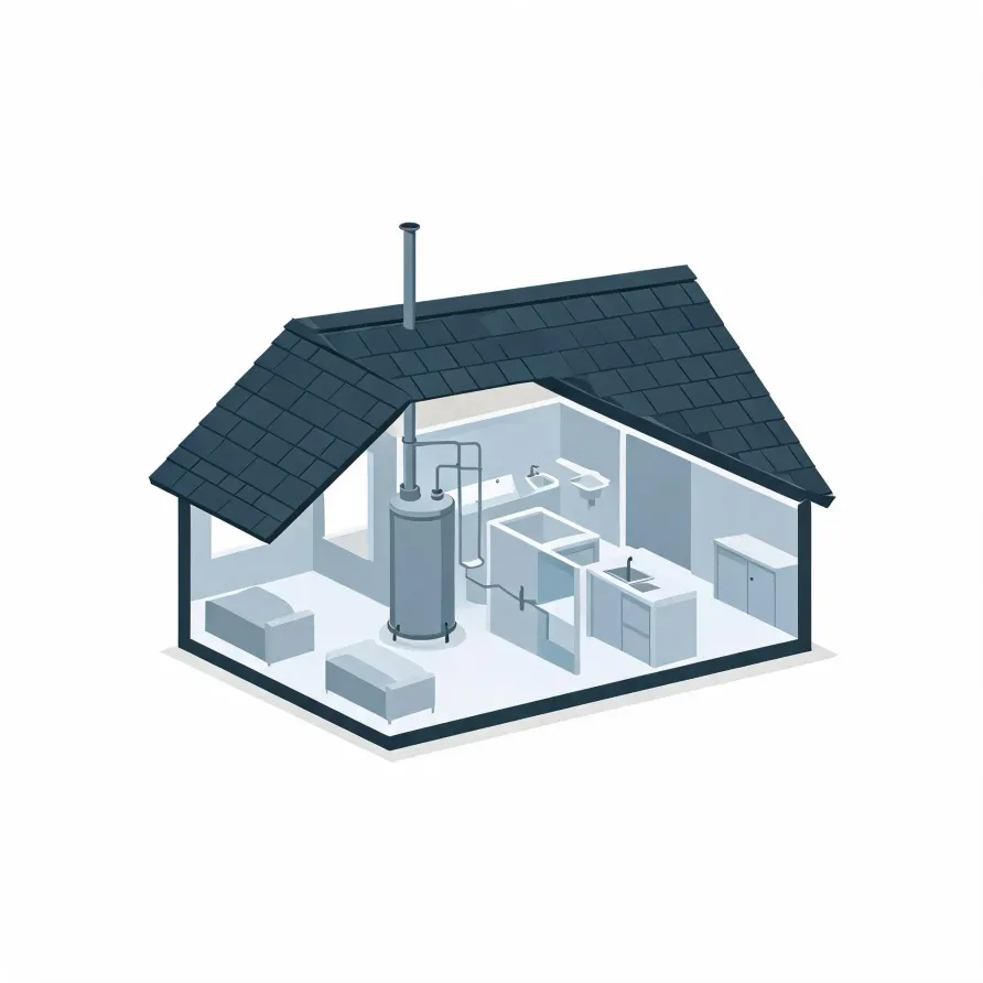 Isometric cutaway illustration of a house with a dark shingled roof, showing a cylindrical water heater with a flue pipe running through the roof, plus kitchen counters, a sink, a bathtub and cabinets inside.