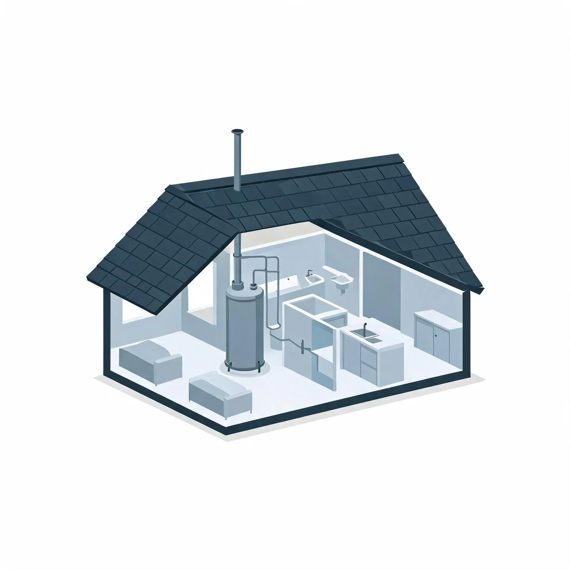 Isometric cutaway illustration of a house with a dark shingled roof, showing a cylindrical water heater with a flue pipe running through the roof, plus kitchen counters, a sink, a bathtub and cabinets inside.