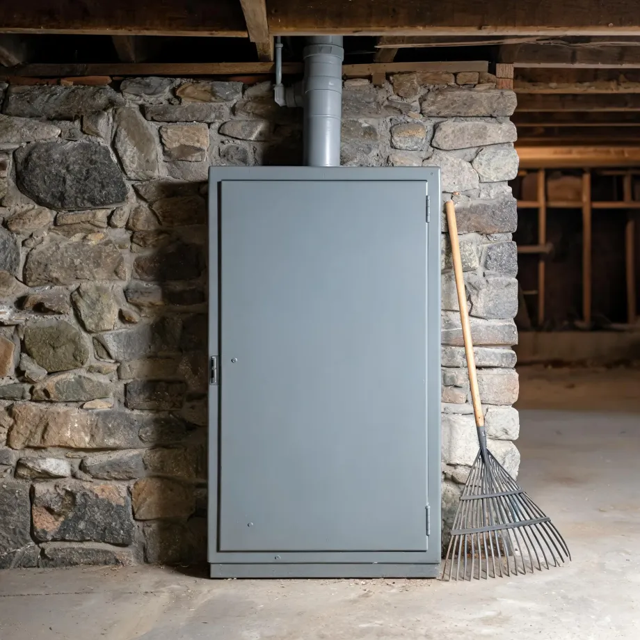 A gray sheet-metal cabinet with a flue pipe rising to the ceiling stands against a stone foundation wall in a basement, with a leaf rake leaning beside it on a concrete floor.