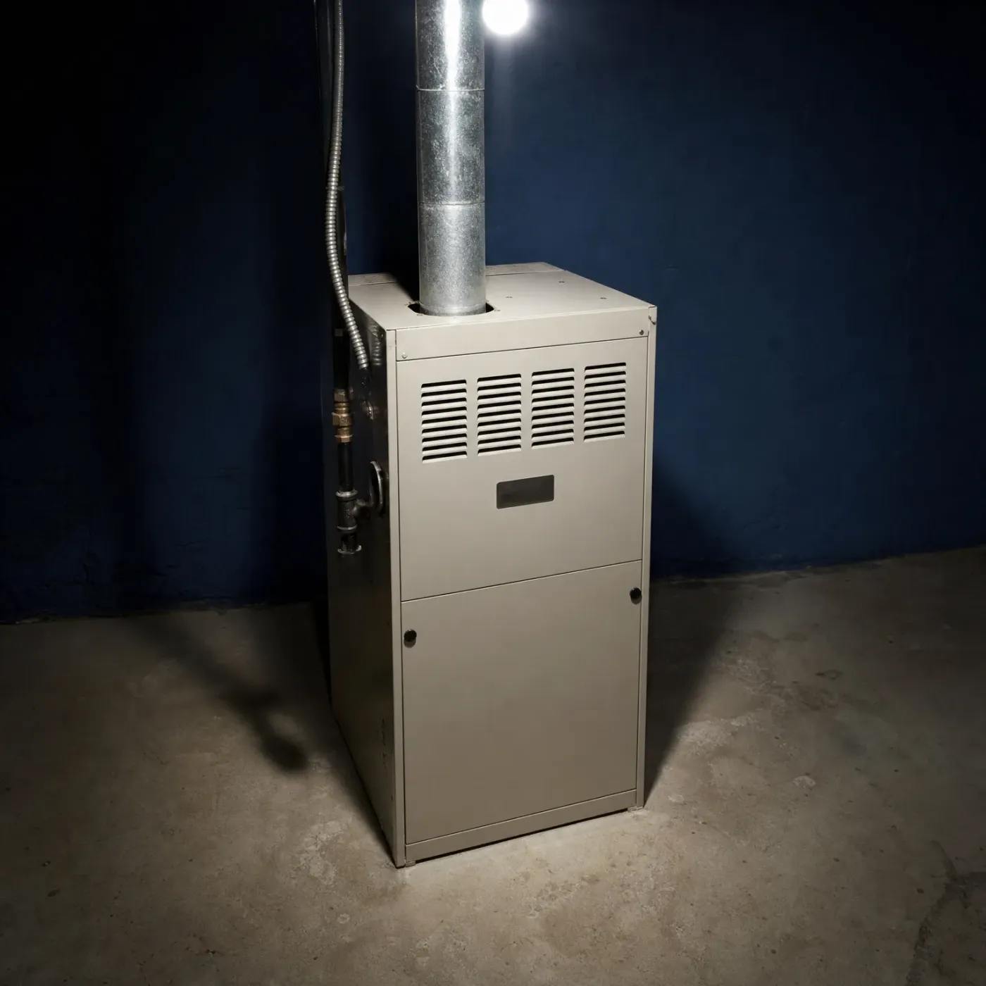 A beige sheet-metal furnace with a vented upper panel and metal flue pipe stands on a concrete floor against a dark blue wall, with gas piping and flexible conduit running along its left side.