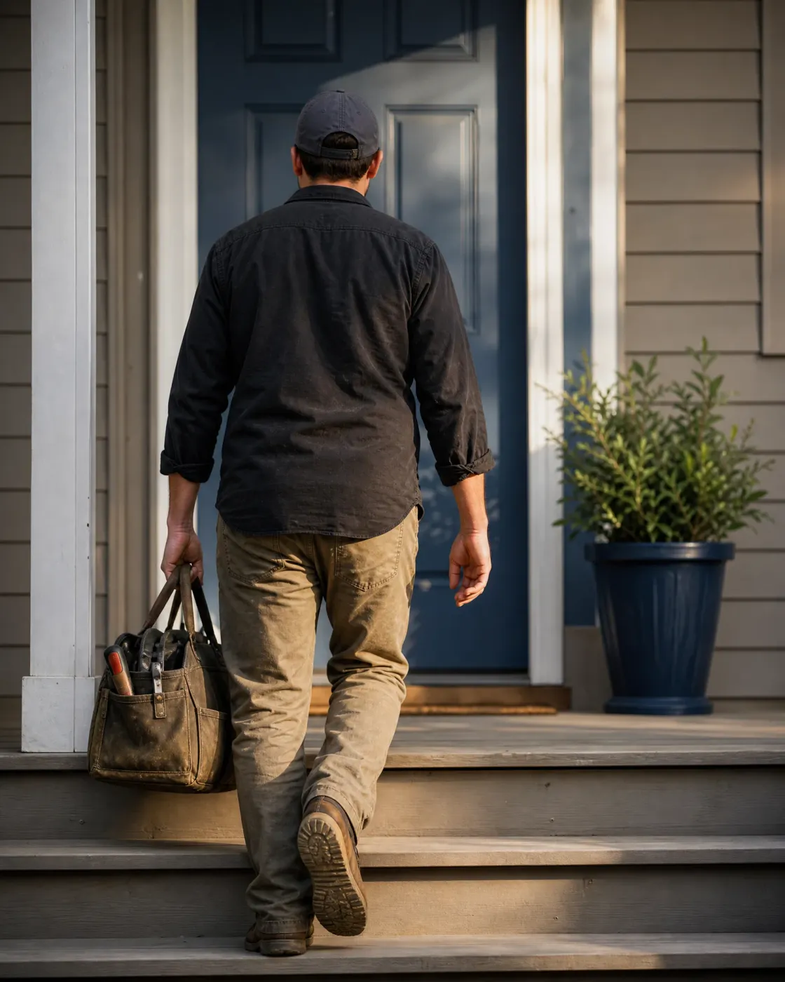 A man in a dark shirt, tan pants and a cap carries a canvas tool bag up wooden porch steps toward a blue front door, with a potted shrub beside the entry.