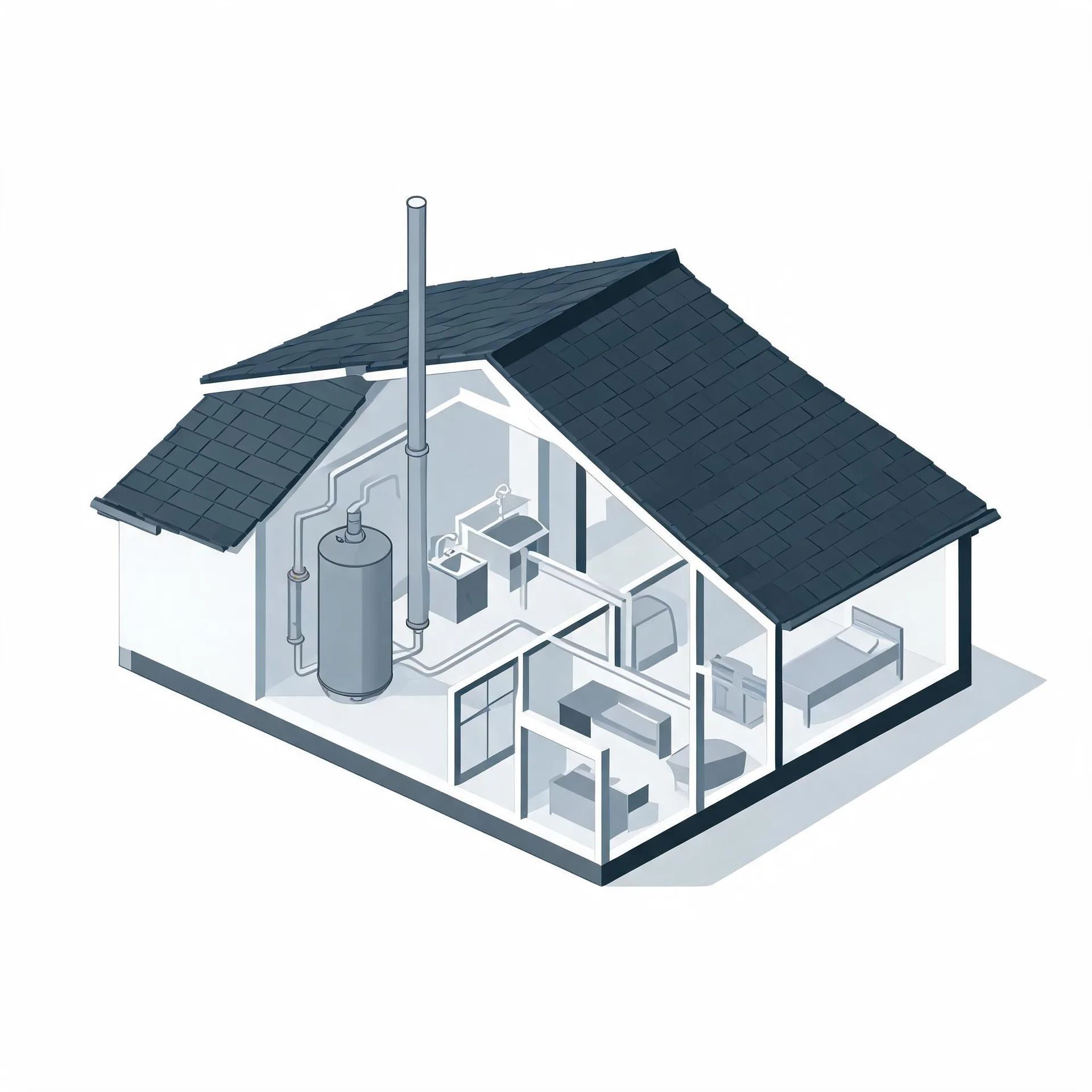 Isometric cutaway illustration of a small house with a dark shingled gable roof, showing interior rooms with furniture, piping, a tall vent stack, and a cylindrical water heater tank.