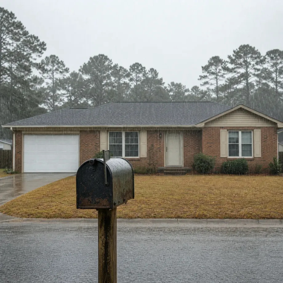 A single-story brick house with an attached white garage door and dormant yellow lawn seen in the rain, with a weathered black mailbox on a wooden post in the foreground and tall pine trees behind under an overcast sky.