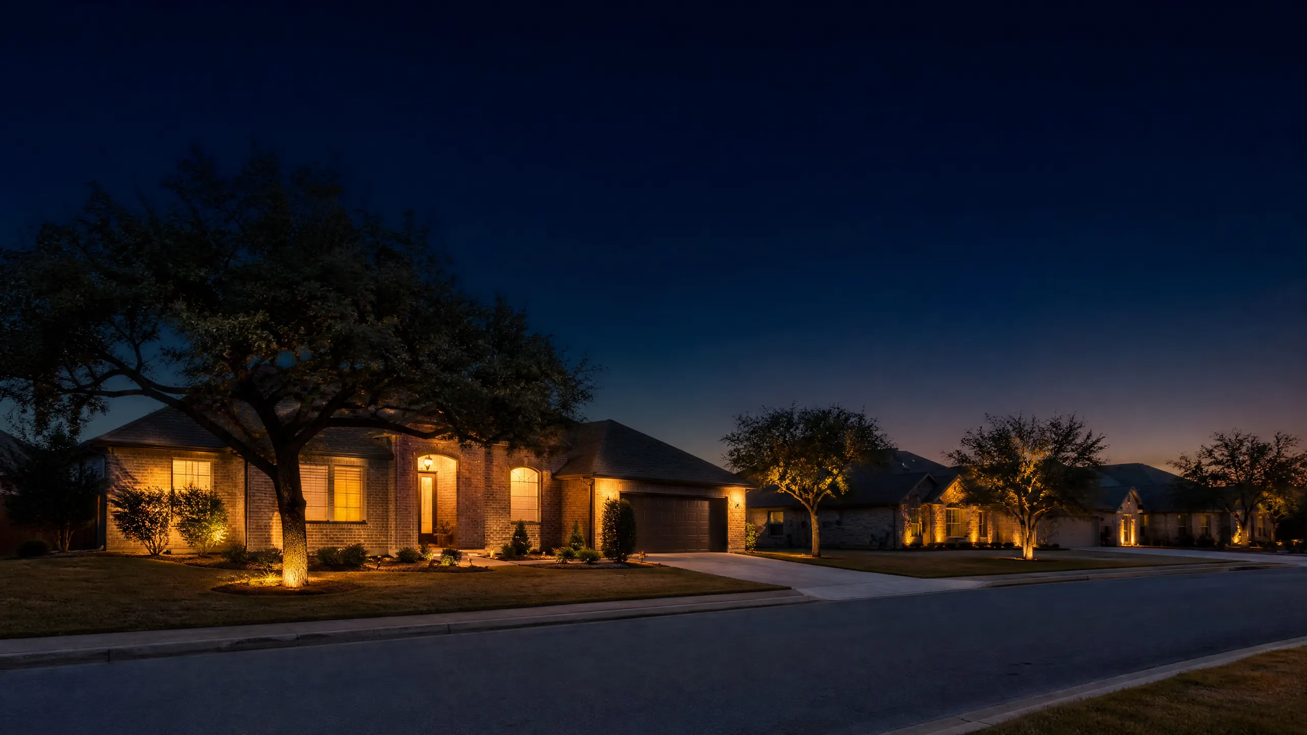 A brick single-story house with warm landscape and window lighting photographed at dusk on a residential street lined with mature trees.