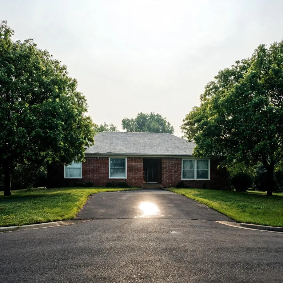 A single-story red brick ranch house with a gray shingled roof, white-framed windows and a central dark front door, fronted by a wide asphalt driveway, green lawn and large deciduous trees on both sides under a bright hazy sky.