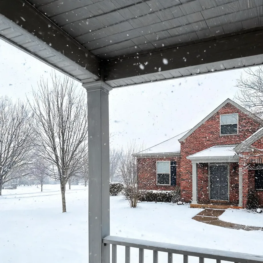 View from a covered porch with a white post and railing toward a red brick house across a snow-covered yard, with falling snow and bare trees.