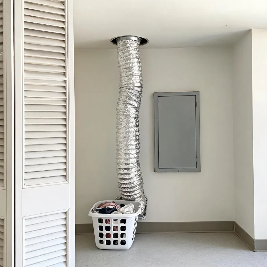 Interior corner of a laundry room where a long flexible foil dryer duct runs from the floor up to a round ceiling vent, beside a gray metal access panel on the wall and a white plastic laundry basket holding clothes, with louvered white doors at left.
