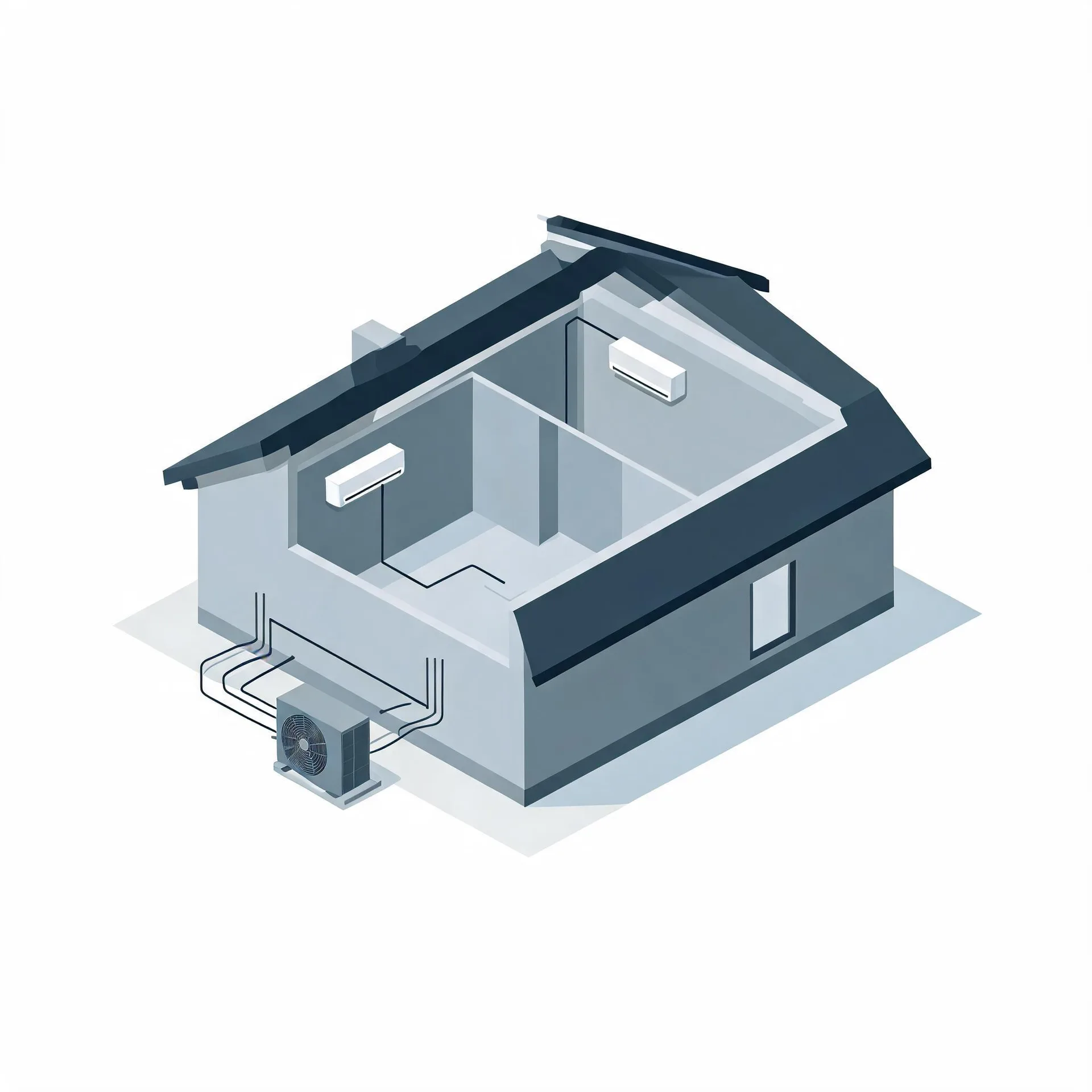 Isometric illustration of a cutaway house showing two wall-mounted indoor air conditioning units connected by line sets to an outdoor condenser unit on the ground outside.