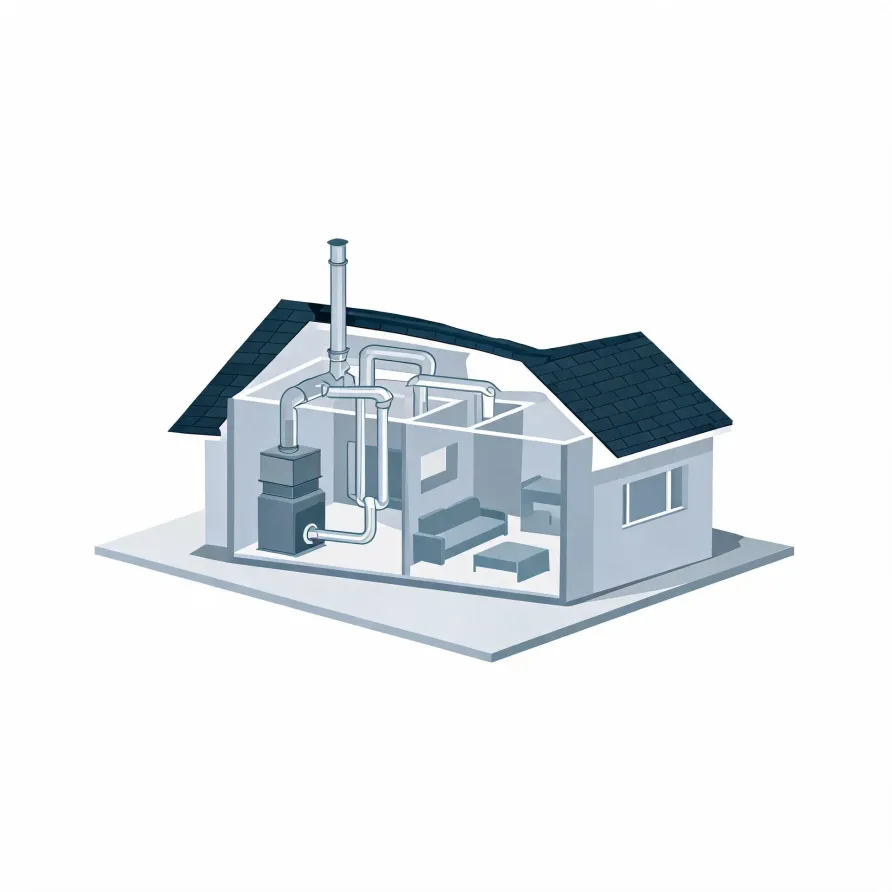 Isometric illustration of a cutaway single-story house showing a gray furnace unit, connected ductwork, and a vertical flue extending above the dark shingled roof.