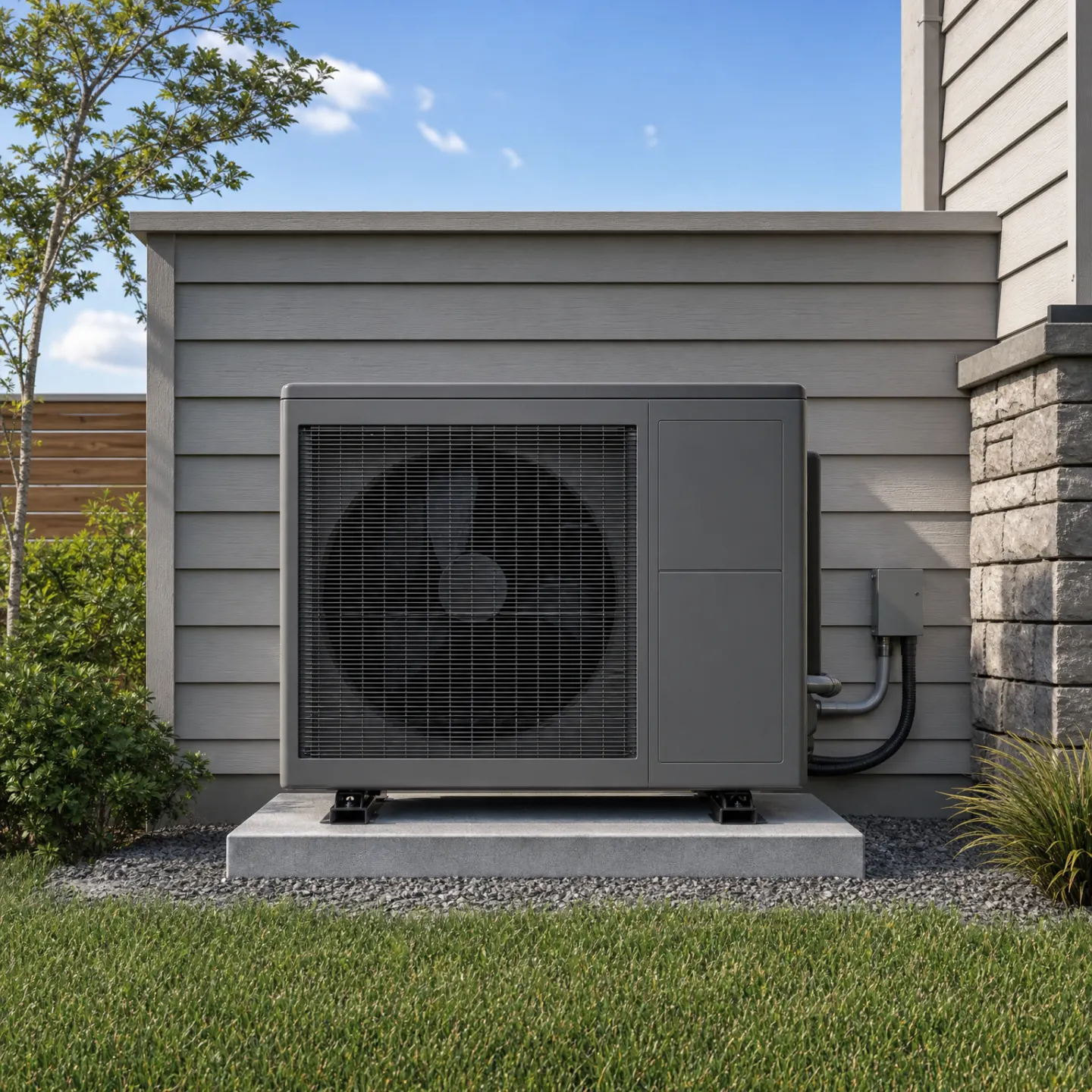 A gray heat pump outdoor unit mounted on a concrete pad next to a residential house with lap siding and stone accents.