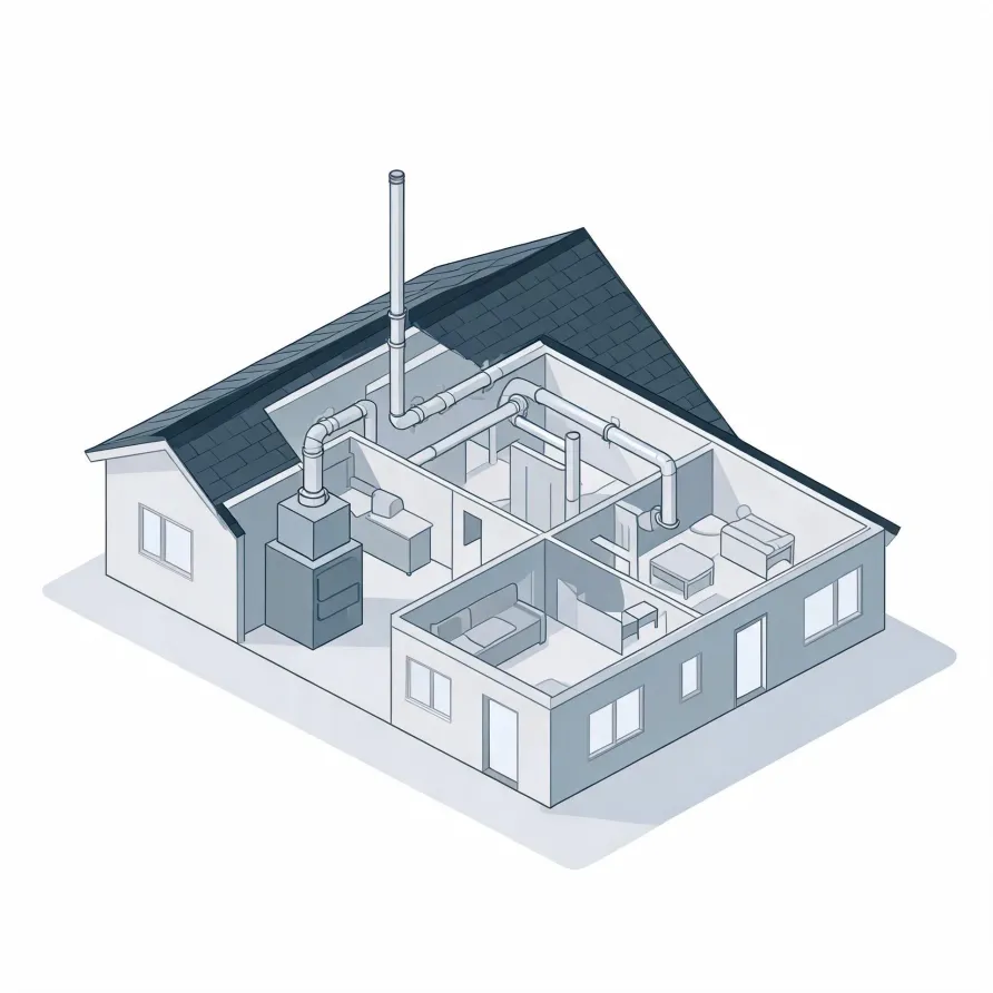 Isometric cutaway illustration of a single-story house showing interior rooms with furniture, a furnace unit connected to ductwork and a tall flue pipe extending through the roof.