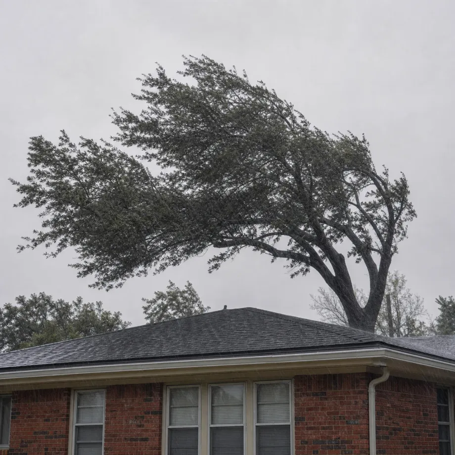 A large tree with its canopy bent sideways by wind stands behind a single-story red brick house with a dark shingled hip roof, under an overcast gray sky with visible rain.