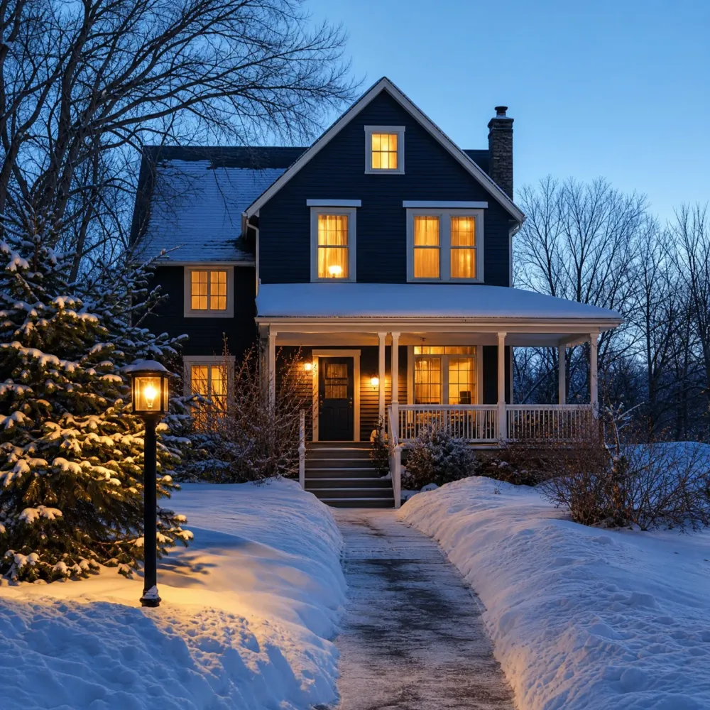 A two-story dark-sided house with a white porch and lit windows at dusk, with a snow-covered yard, a snow-laden spruce, a glowing lamp post, and a shoveled walkway leading to the front steps.