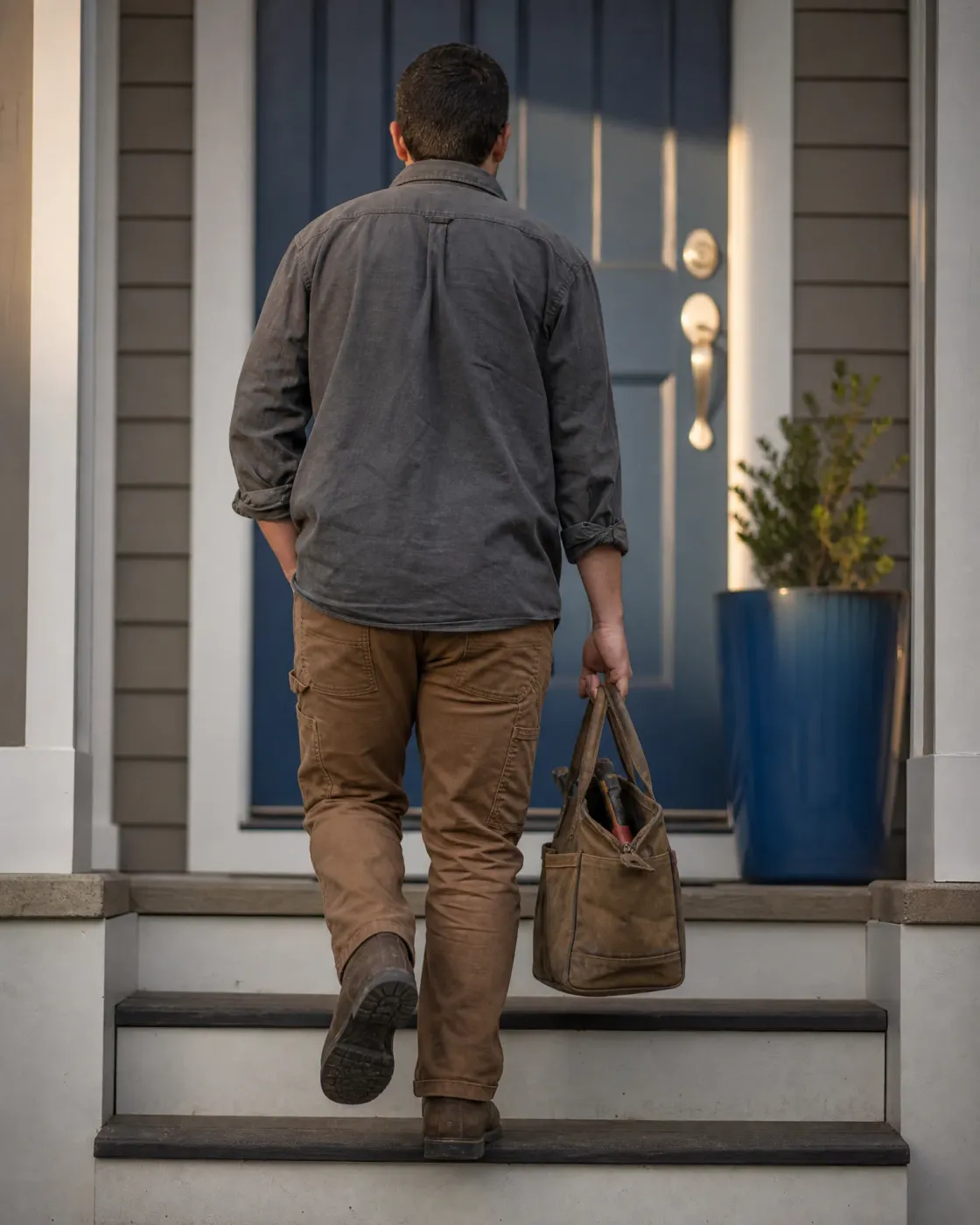 A man seen from behind in a gray shirt and tan work pants climbs porch steps toward a blue front door, carrying a worn leather tool bag in his right hand, with a potted shrub in a blue planter beside the door.