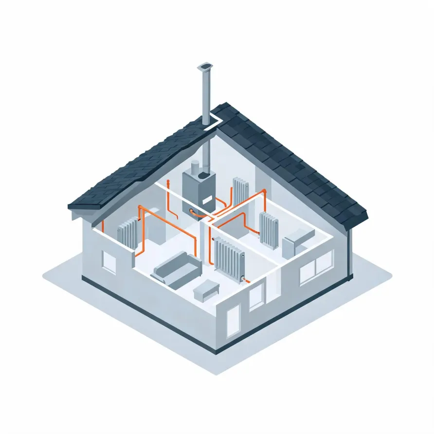Isometric cutaway illustration of a single-storey house with a dark tiled roof, showing a wall-mounted boiler with flue, orange pipework, and radiators in several rooms.