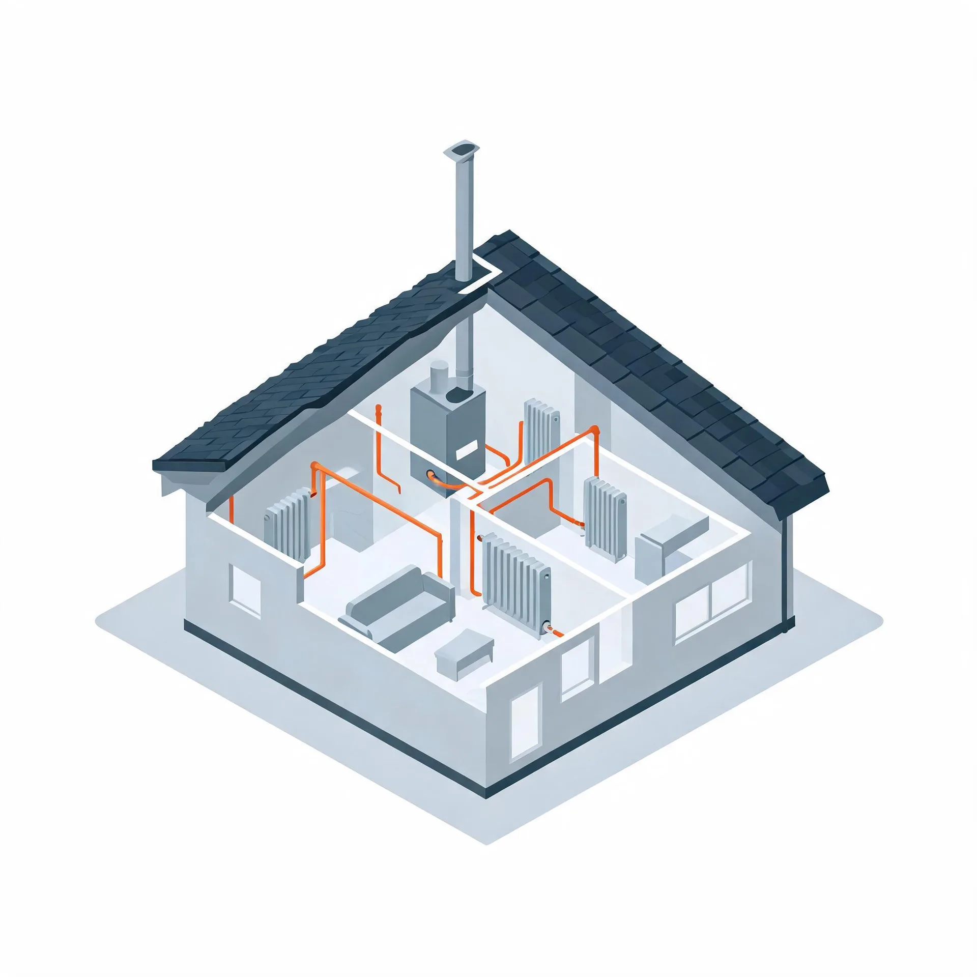 Isometric cutaway illustration of a single-storey house with a dark tiled roof, showing a wall-mounted boiler with flue, orange pipework, and radiators in several rooms.