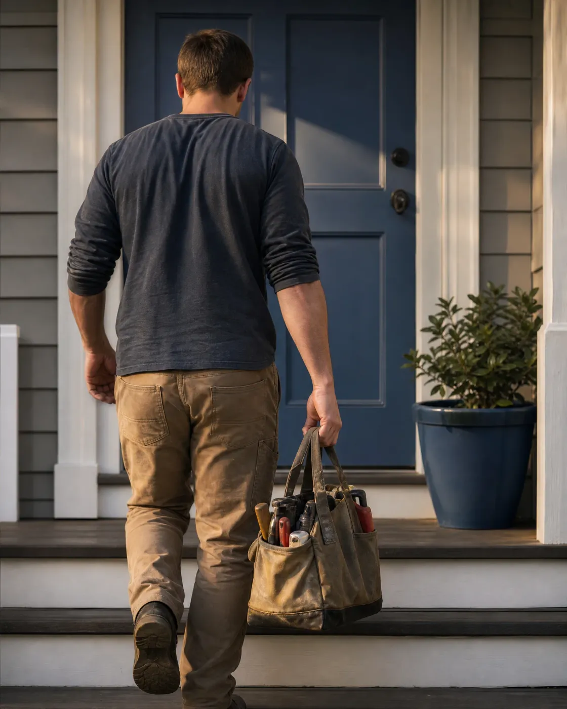 A man in a dark long-sleeved shirt and tan work pants, seen from behind, carries a canvas tool bag up porch steps toward a blue front door beside a potted shrub.