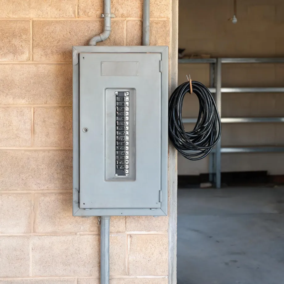 A gray electrical breaker panel with its door open showing rows of circuit breakers, mounted on a tan concrete block wall with conduit running above and below, next to a coiled black extension cord hanging near an open garage bay with metal shelving.