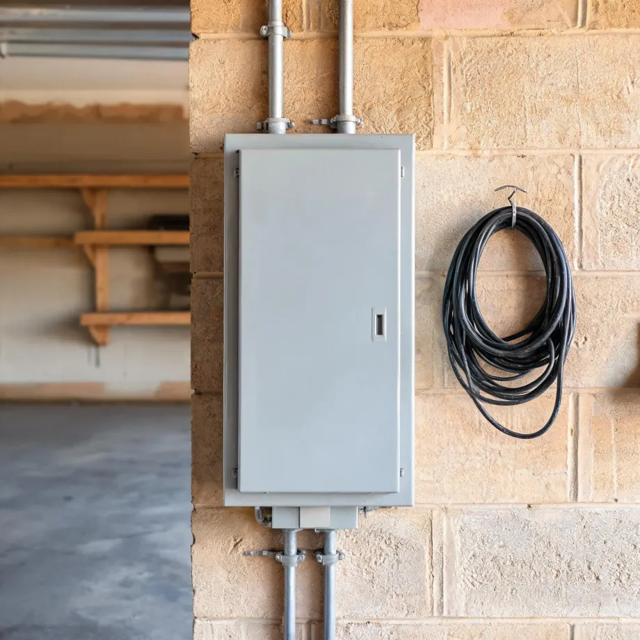 A gray electrical panel box with metal conduit runs mounted on a tan concrete block wall, with a coiled black extension cord hanging on a hook to the right and an open doorway showing wooden shelves at left.