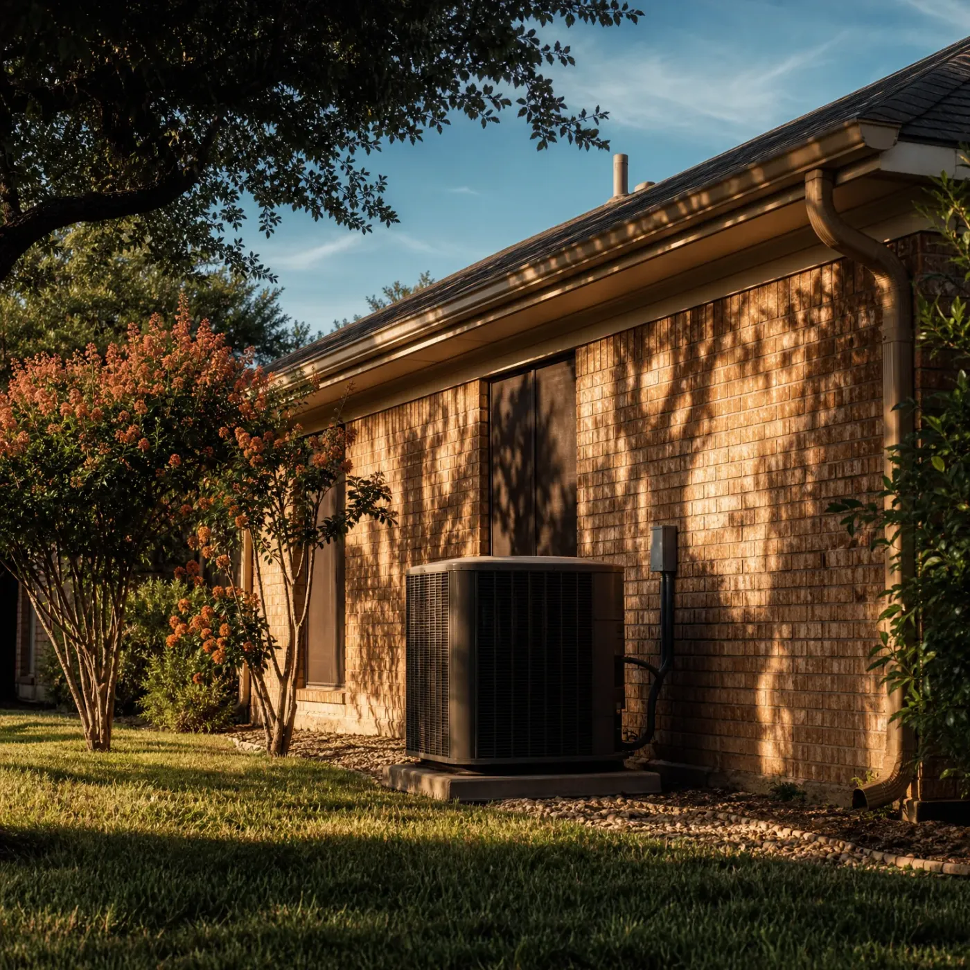 An outdoor air conditioning condenser unit on a concrete pad beside the brick exterior wall of a single-story house, with gravel edging, a mown lawn, and flowering shrubs and trees nearby under a blue sky.