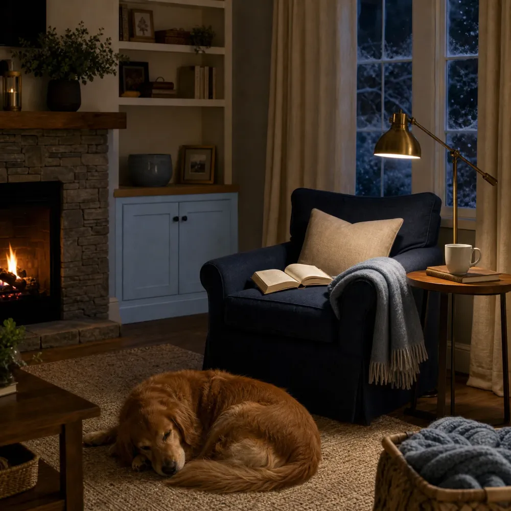 A dimly lit living room with a lit stone fireplace, a navy armchair holding an open book, a cushion and gray fringed throw, a brass table lamp and mug on a side table, and a golden retriever sleeping on a woven rug.