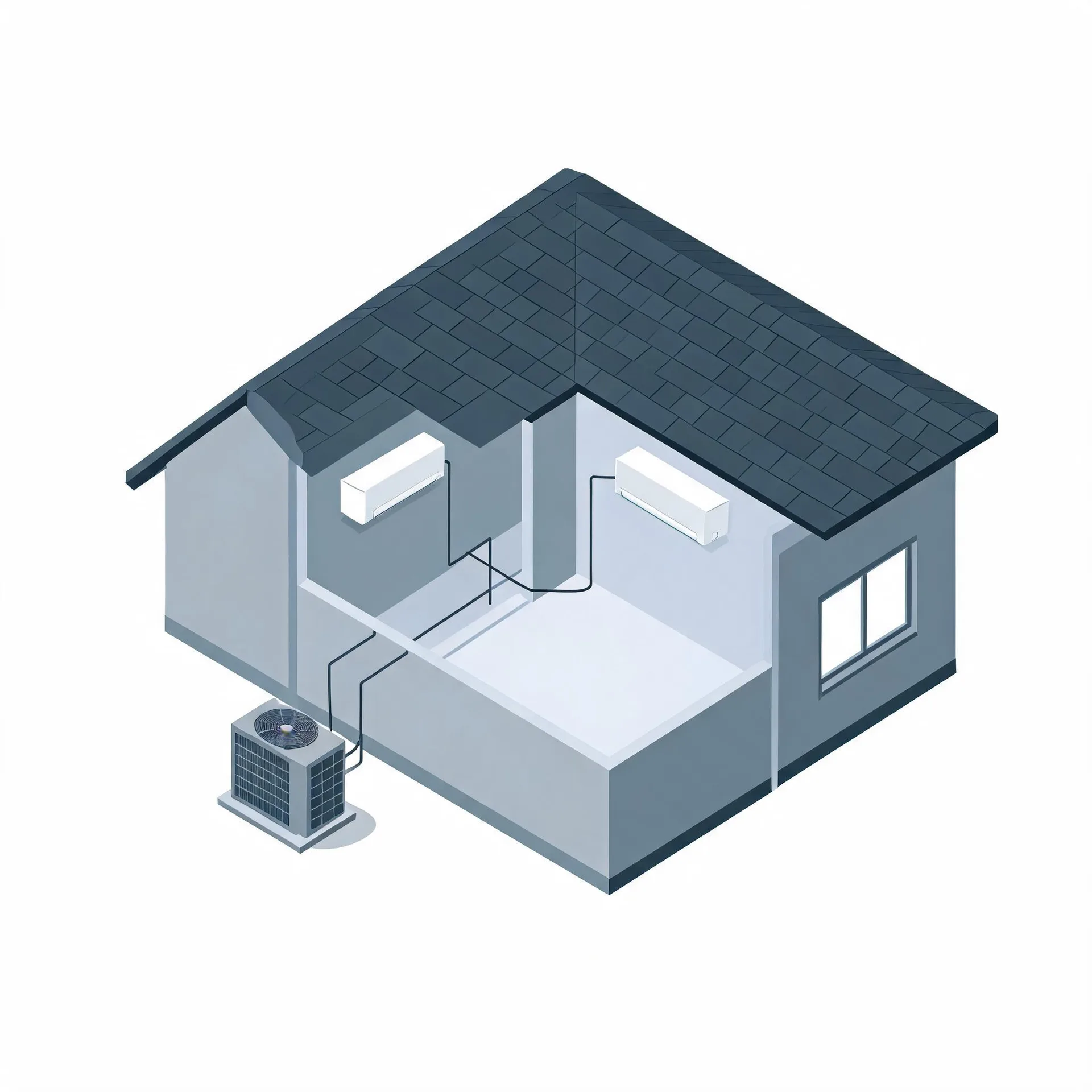 Isometric illustration of a cutaway gray house with a dark shingled roof, showing two wall-mounted indoor air conditioning units connected by lines to an outdoor condenser unit on the ground outside.