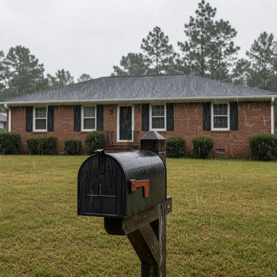 A black mailbox on a weathered wooden post stands in a grassy front yard during rain, with a single-story brick house with dark shutters and pine trees behind it under an overcast sky.