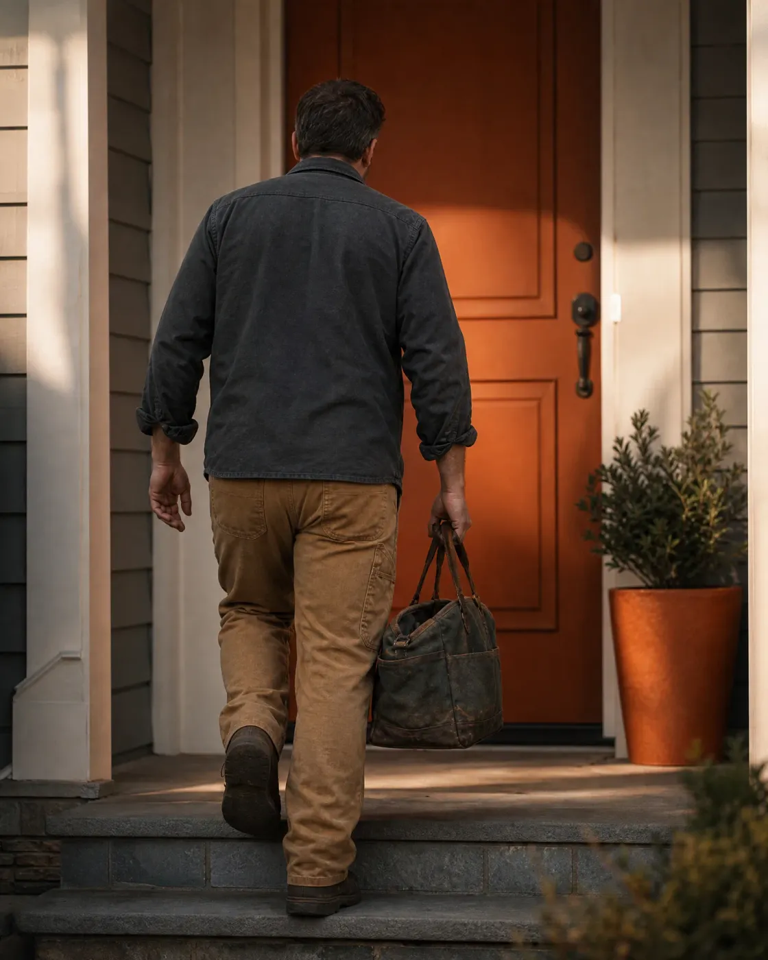 A man in a dark shirt jacket and tan work pants, seen from behind, carries a worn canvas duffel bag up stone steps toward an orange front door flanked by a potted shrub.