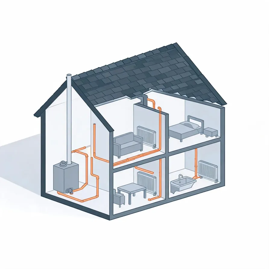 Cutaway illustration of a two-storey house showing a boiler with a flue connected by orange pipes to radiators in four rooms containing a sofa, bed, table and sink.