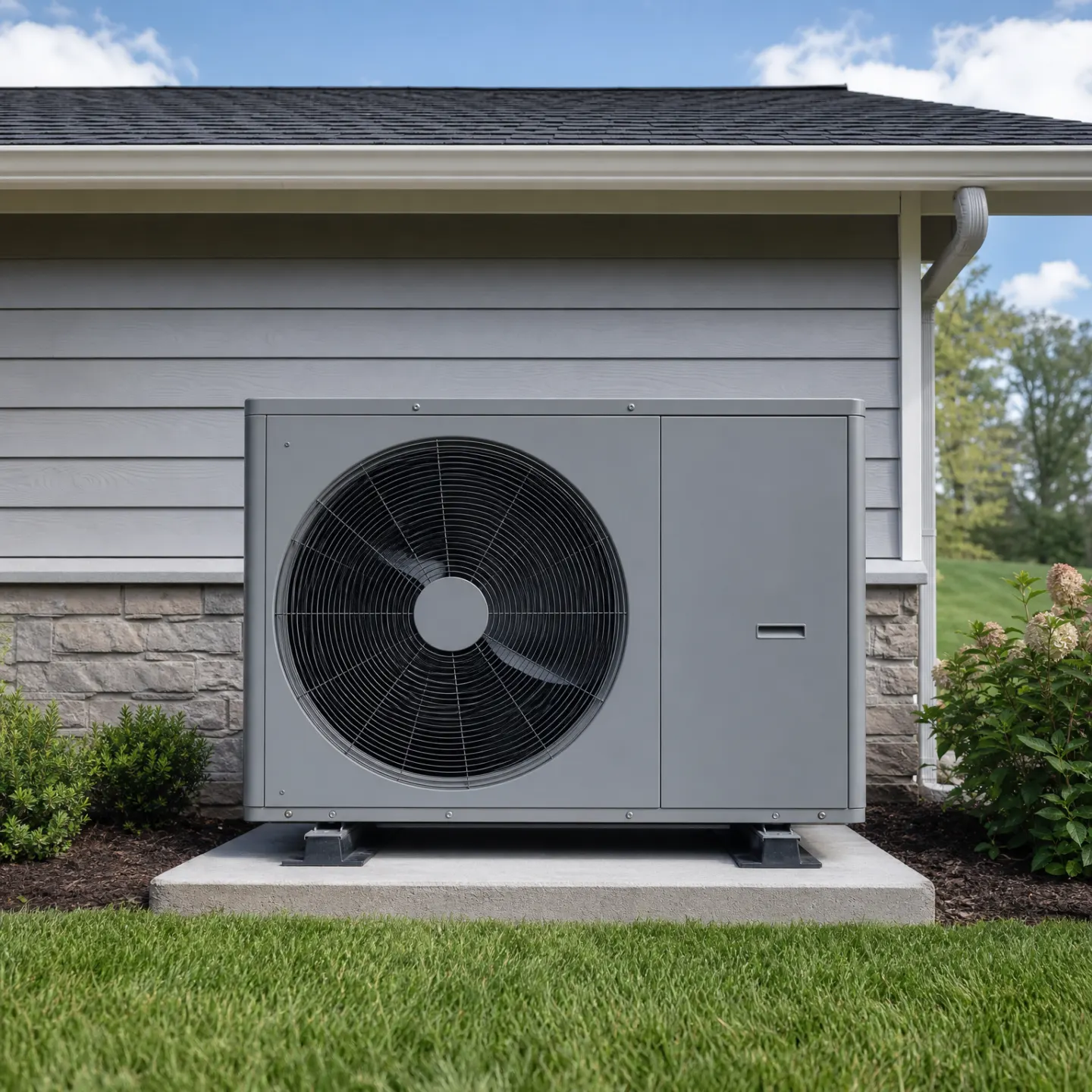 A gray outdoor HVAC unit mounted on a concrete pad beside a house with gray lap siding and a stone foundation.