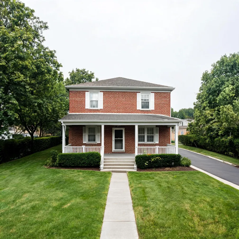 A two-story red brick house with a white-columned covered porch, white-shuttered windows, a concrete walkway leading to front steps, mown lawn, shrubs, and an asphalt driveway on the right under an overcast sky.