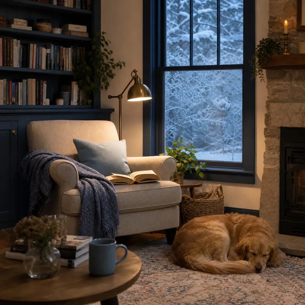 A dimly lit living room with a cream armchair holding an open book and a gray throw, a brass floor lamp, built-in bookshelves, a stone fireplace, a snowy window, and a golden retriever sleeping on a patterned rug.