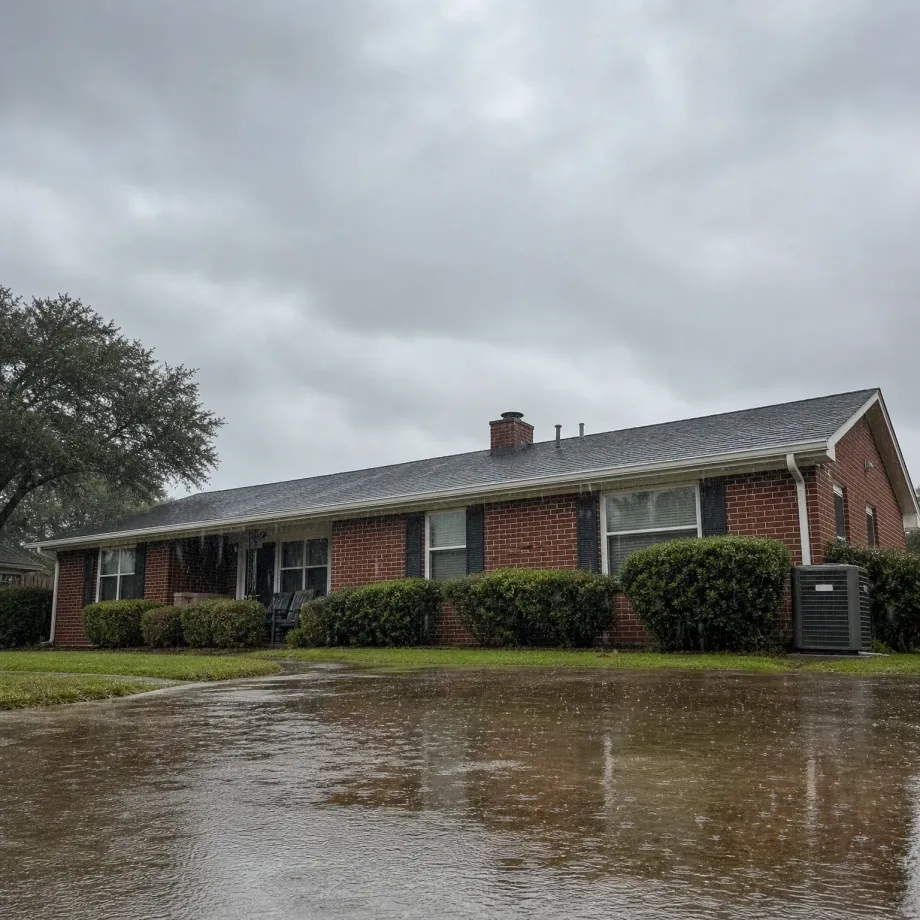 A single-story red brick ranch house with a gray shingled roof, chimney, trimmed hedges and an outdoor air conditioning unit, seen under an overcast sky with rain falling on a flooded driveway in the foreground.